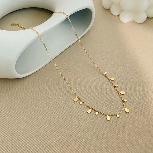 18K Gold Plated Dainty Tassel Necklace with Teardrop Shaped Gold Petals - Picture 3 of 10